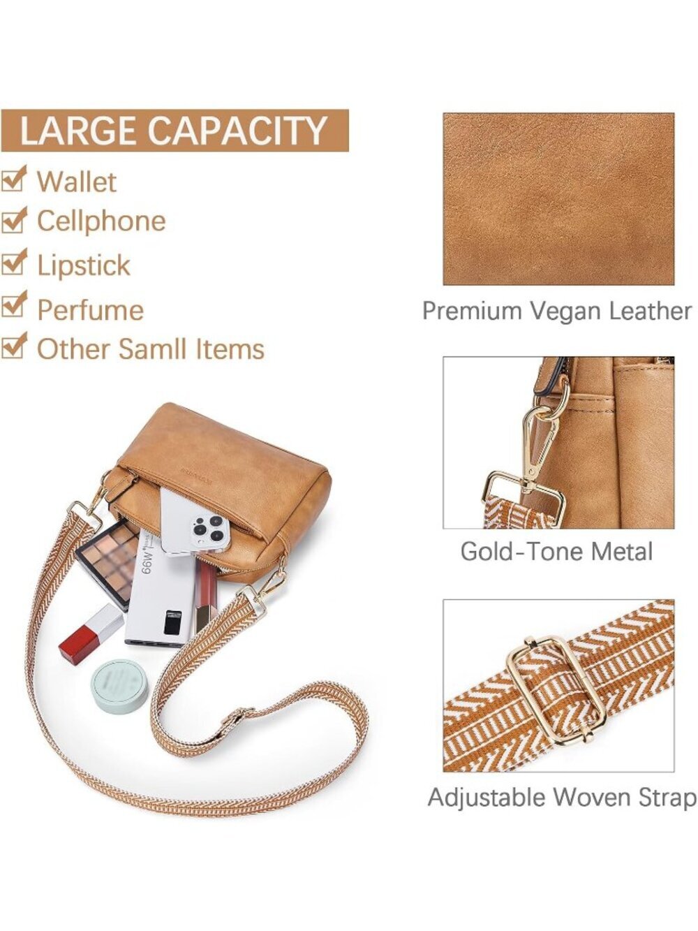 Women's Camel Brown Leather Triple Zip Crossbody Bag Purse with Shoulder Straps - Picture 4 of 6